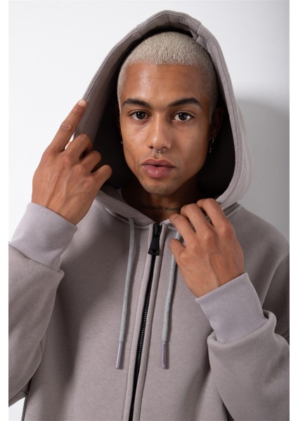 Oversize Fermuarlı Cepli Kapüşonlu Basic Sweatshirt Ice Gri
