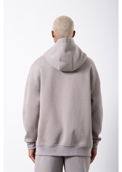 Oversize Fermuarlı Cepli Kapüşonlu Basic Sweatshirt Ice Gri