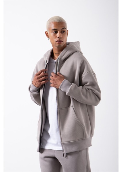 Oversize Fermuarlı Cepli Kapüşonlu Basic Sweatshirt Ice Gri