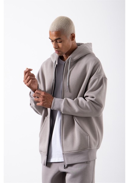 Oversize Fermuarlı Cepli Kapüşonlu Basic Sweatshirt Ice Gri