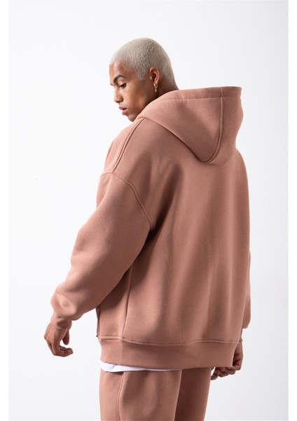 Oversize Fermuarlı Cepli Kapüşonlu Basic Sweatshirt Copper