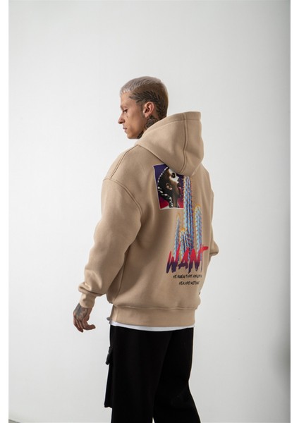 Oversize Want Baskılı Kapüşonlu Sweatshirt Bej