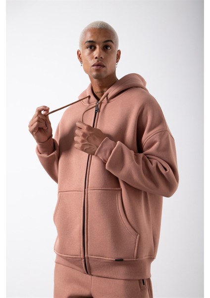 Oversize Fermuarlı Cepli Kapüşonlu Basic Sweatshirt Copper
