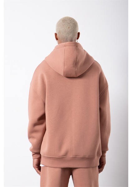 Oversize Fermuarlı Cepli Kapüşonlu Basic Sweatshirt Copper