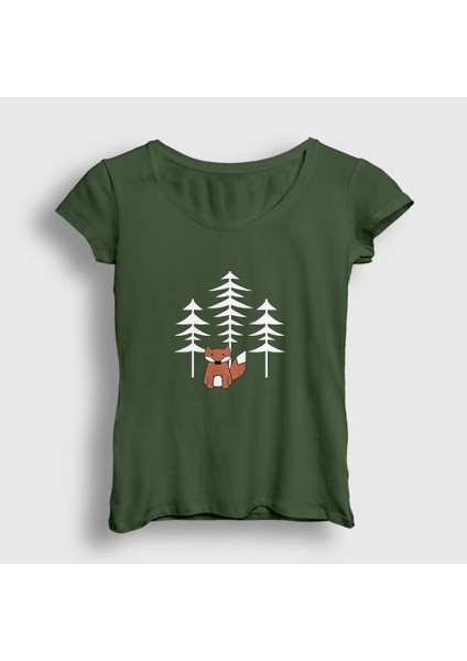 Kadın Haki Forest Fox Tilki T-Shirt