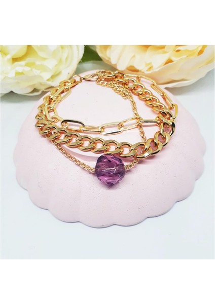 Altın Kaplama Çoklu Zincir Kadın Mor Renk Boncuk Bileklik