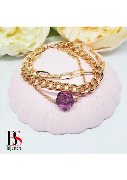 Altın Kaplama Çoklu Zincir Kadın Mor Renk Boncuk Bileklik fiyatları