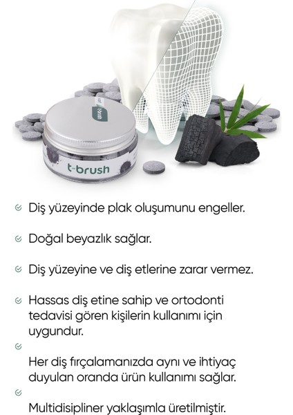 Aktif Kömürlü Doğal Diş Macunu Tableti - Florürsüz - Glutensiz - Vegan - 90 Tablet