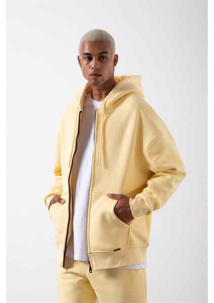 Oversize Fermuarlı Cepli Kapüşonlu Basic Sweatshirt Sarı