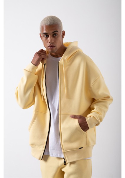 Oversize Fermuarlı Cepli Kapüşonlu Basic Sweatshirt Sarı