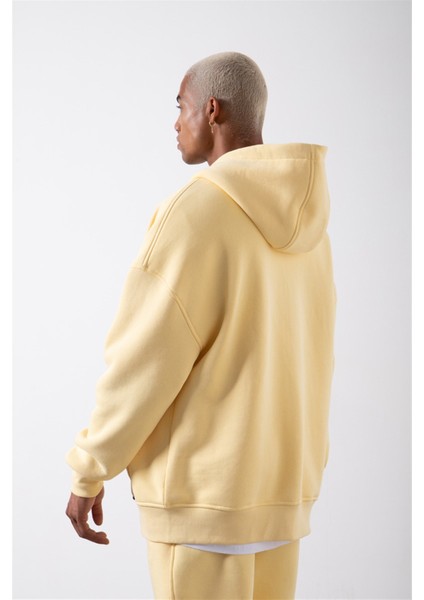 Oversize Fermuarlı Cepli Kapüşonlu Basic Sweatshirt Sarı