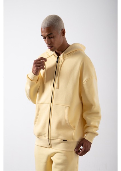 Oversize Fermuarlı Cepli Kapüşonlu Basic Sweatshirt Sarı