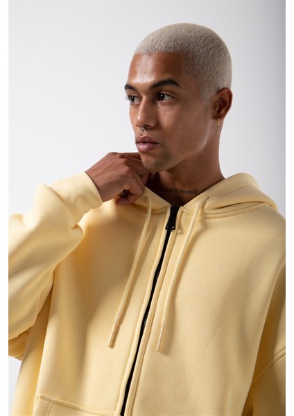 Oversize Fermuarlı Cepli Kapüşonlu Basic Sweatshirt Sarı