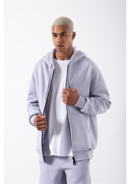 Oversize Fermuarlı Cepli Kapüşonlu Basic Sweatshirt Ice Lila
