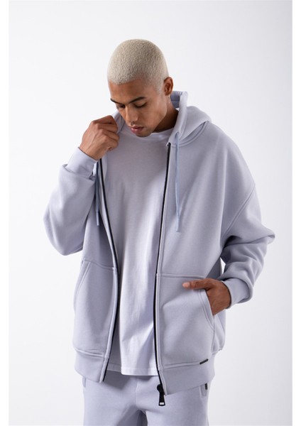 Oversize Fermuarlı Cepli Kapüşonlu Basic Sweatshirt Ice Lila