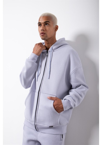 Oversize Fermuarlı Cepli Kapüşonlu Basic Sweatshirt Ice Lila