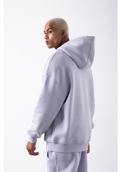 Oversize Fermuarlı Cepli Kapüşonlu Basic Sweatshirt Ice Lila