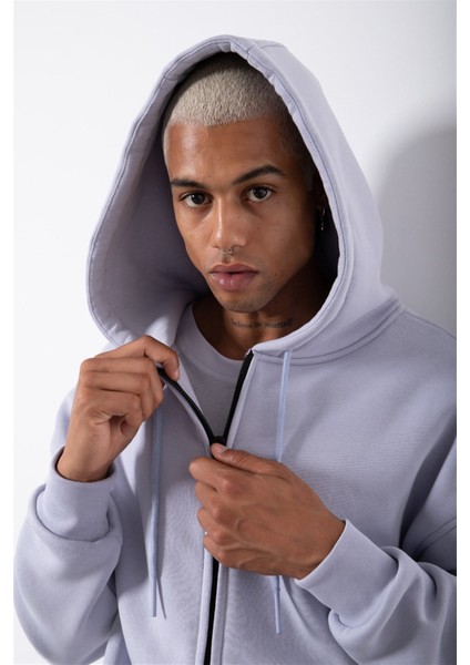 Oversize Fermuarlı Cepli Kapüşonlu Basic Sweatshirt Ice Lila