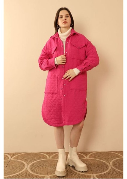 Jakar Kumaş Soğan Desen Oversize Kadın Uzun Gömlek-Fuşya modelleri