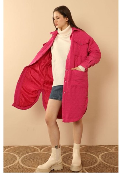 Jakar Kumaş Soğan Desen Oversize Kadın Uzun Gömlek-Fuşya indirimleri