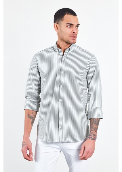 Haki Erkek Çizgili Gofre Gömlek | ME23S112237