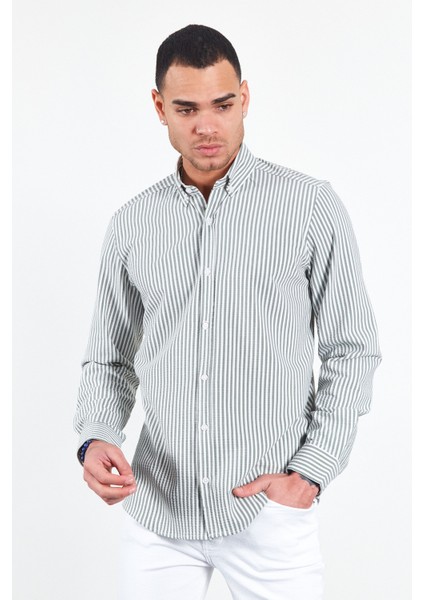 Haki Erkek Çizgili Gofre Gömlek | ME23S112237 modelleri