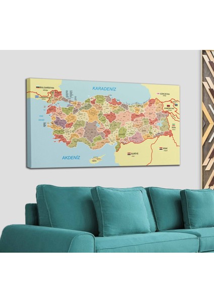 Türkiye Haritası Kanvas Tablo Il ve Ilçeli Ayrıntılı Eğitici-Öğretici Komşulu Dekoratif Tablo 3017