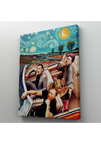 Frida Kahlo Salvador, Dali ve Vincent Van Gogh Arabada Yıldızlı Gece Kanvas Tablo