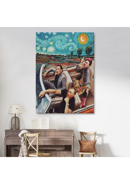 Frida Kahlo Salvador, Dali ve Vincent Van Gogh Arabada Yıldızlı Gece Kanvas Tablo