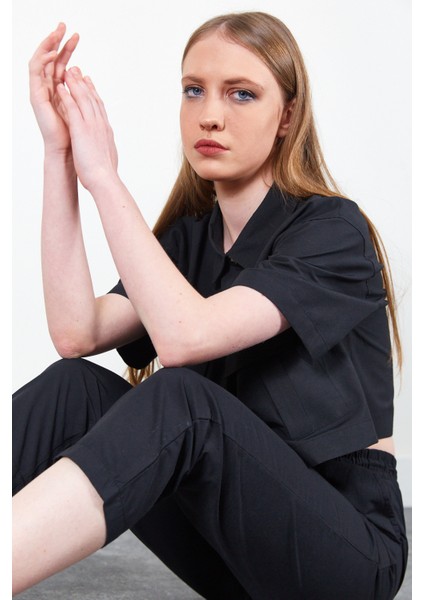 Siyah Kadın Crop Gömlek | MKS164358-01 fırsatları