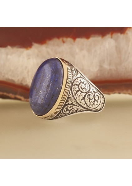 Lapis Taşlı Gravür Desenli Gümüş Yüzük 16