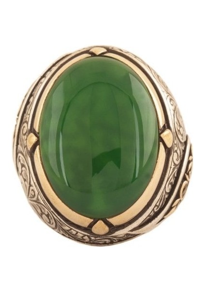 Yeşil Akik Taşlı Büyük Boy Gravür Sarmaşık Model Gümüş Yüzük 30 fiyatları