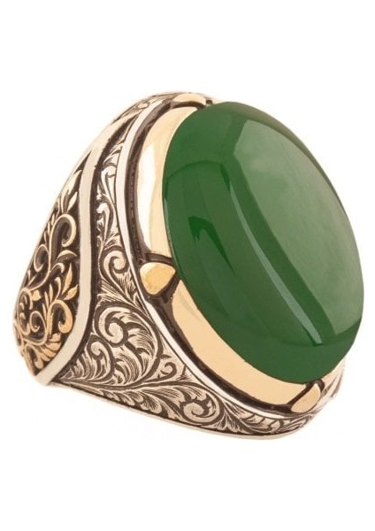 Yeşil Akik Taşlı Büyük Boy Gravür Sarmaşık Model Gümüş Yüzük 30 modelleri