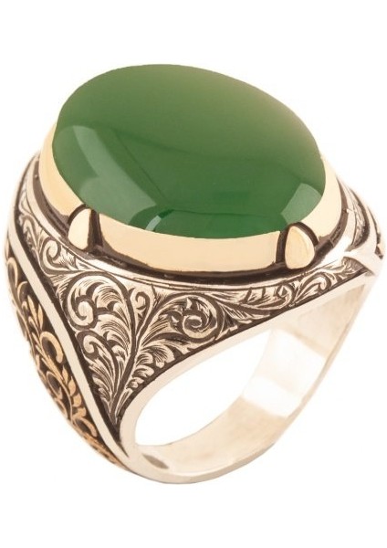 Yeşil Akik Taşlı Büyük Boy Gravür Sarmaşık Model Gümüş Yüzük 30 fırsatları