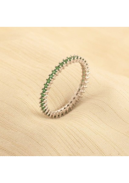 Zümrüt Renk Zirkon Taşlı Tek Sıra Tamtur Gümüş Yüzük 16 - Gümüş Rengi