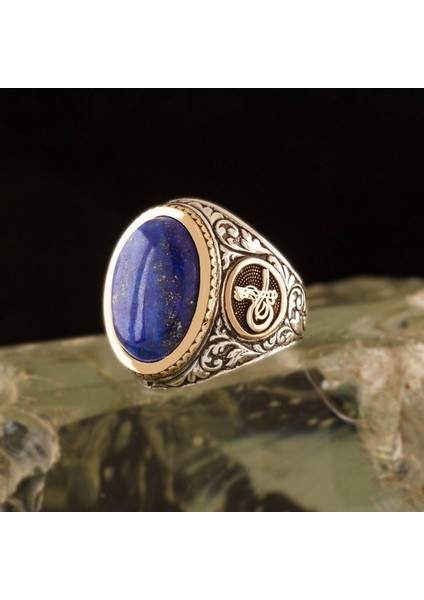Lapis Taşlı Tuğra Desenli Gümüş Yüzük 25