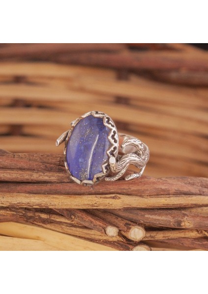Ağaç Model Lapis Lazuli Taşlı El Işi Gümüş Yüzük 18