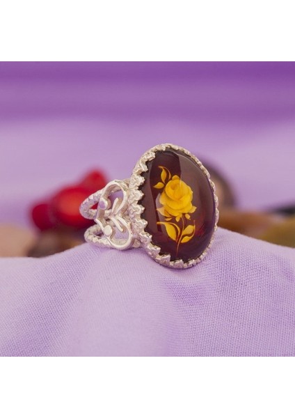Damla Kehribar Içine Gül Oyma El Işi Gümüş Yüzük 14