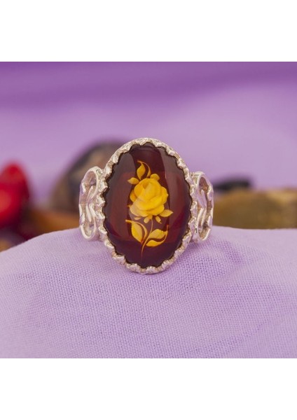 Damla Kehribar Içine Gül Oyma El Işi Gümüş Yüzük 14 fiyatları