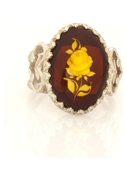 Damla Kehribar Içine Gül Oyma El Işi Gümüş Yüzük 14 modelleri