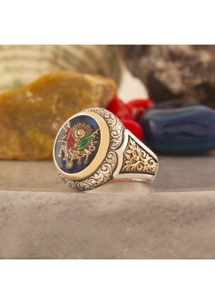 Devlet Arması Desenli Mineli Alemdar Model Gümüş Yüzük 21