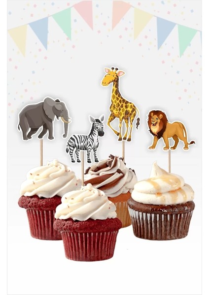 Safari Doğum Günü Cupcake Kürdan Süs Kalın Kağıt