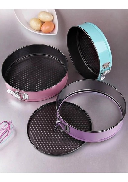 Teflon 3 Renk Yuvarlak Kelepçeli Kek Kalıbı Takımı Seti