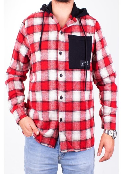 DMG23-193714 Kırmızı Günlük Kapüşonlu Oversize Oduncu Erkek Gömlek