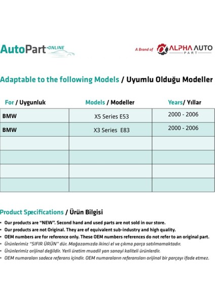 Alpha Auto Part Bmw X5 Serisi E53 / X3 Serisi E83 Için Sunroof Perde Tamir Seti 12 Parça