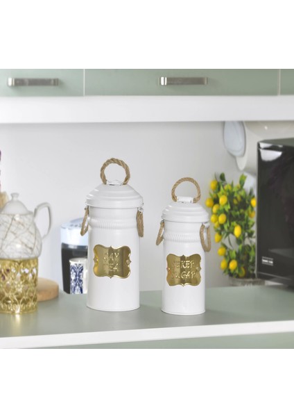 Metal Çay Şeker Saklama Kovası Beyaz 2 Li