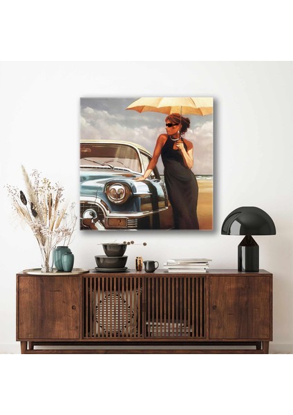 Deniz Kenarında Klasik Mavi Arabayla Poz Veren Şemsiyeli Kadın Kanvas Tablo
