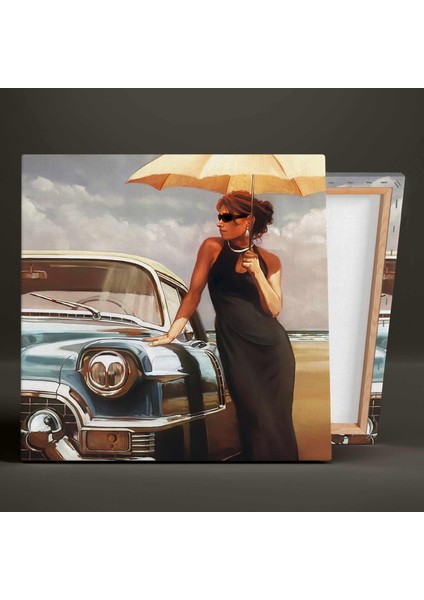 Deniz Kenarında Klasik Mavi Arabayla Poz Veren Şemsiyeli Kadın Kanvas Tablo fiyatları