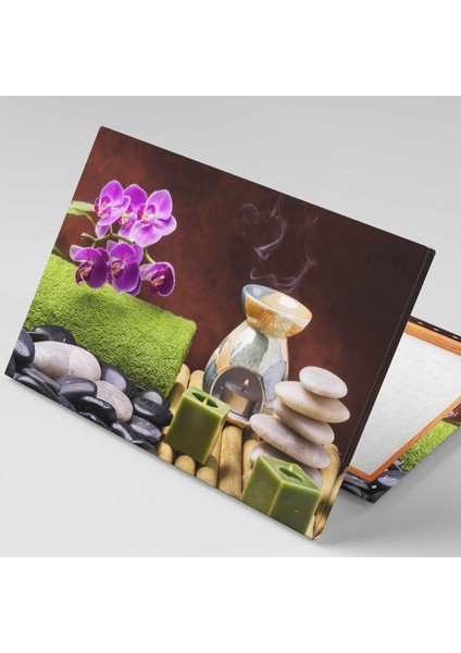 Mor Orkide Buhurdanlık Siyah Spa Taşları Yeşil Mumlar Kanvas Tablo