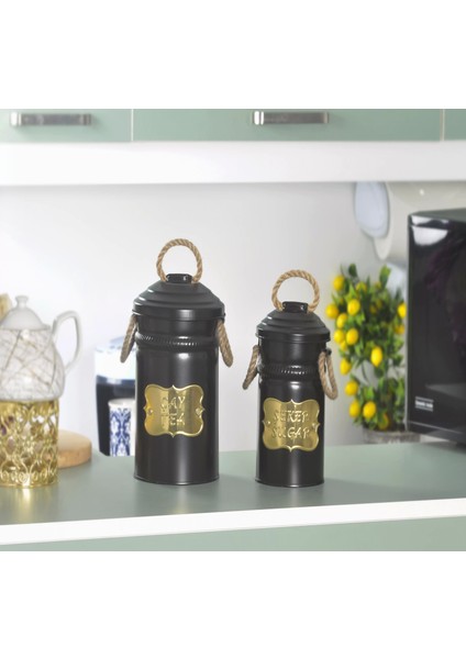 Metal Çay Şeker Saklama Kova Siyah 2'li